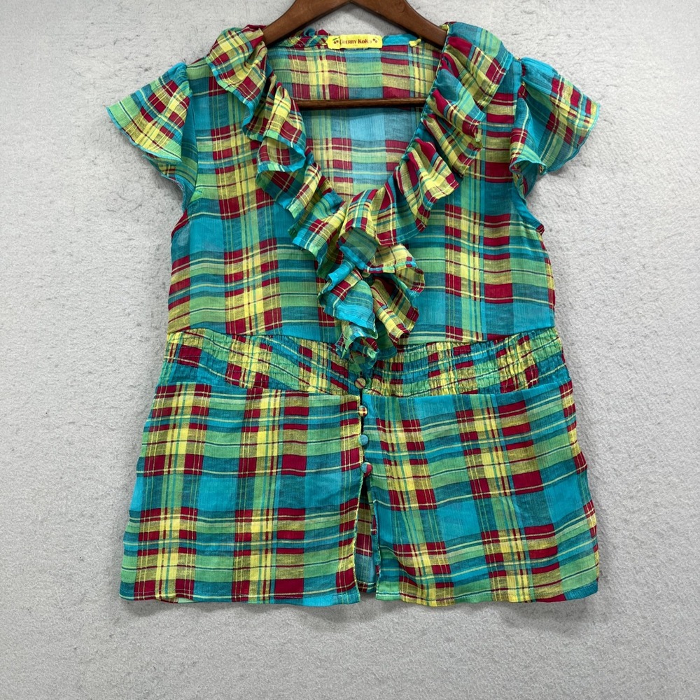 Cherry Koko Blouse Womens Small Blue Plaid Short Sleeve Ruffle V-Neck Preppy